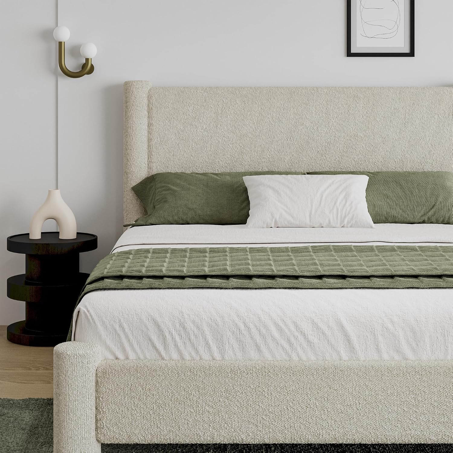 REVOMINCA Full Size Bed Frame, Boucle Upholstered Platform Bed with Headboard and Footboard, Soft Rounded Corners, No Box Spring Required, Easy Assembly, Cream