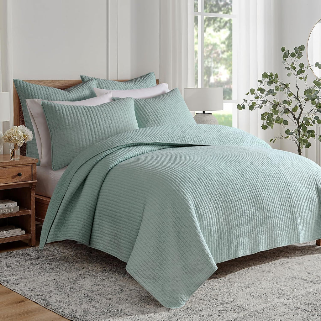 Levtex Home Cross Stitch Reversible Twin XL/Twin Quilt Set (68x86in) with 1 Pillow Sham (26x20in) - Stitch Texture - Blue Haze - Cotton Twin/Twin Size Quilt Bedding Set - Lightweight Soft Pre-Washed