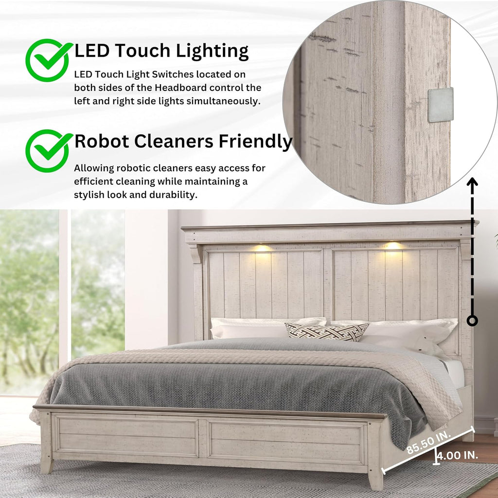 Roundhill Furniture Walcott 3-Piece Bedroom Set with Touch LED Lighting, Weathered Dusty-Taupe Finish, King