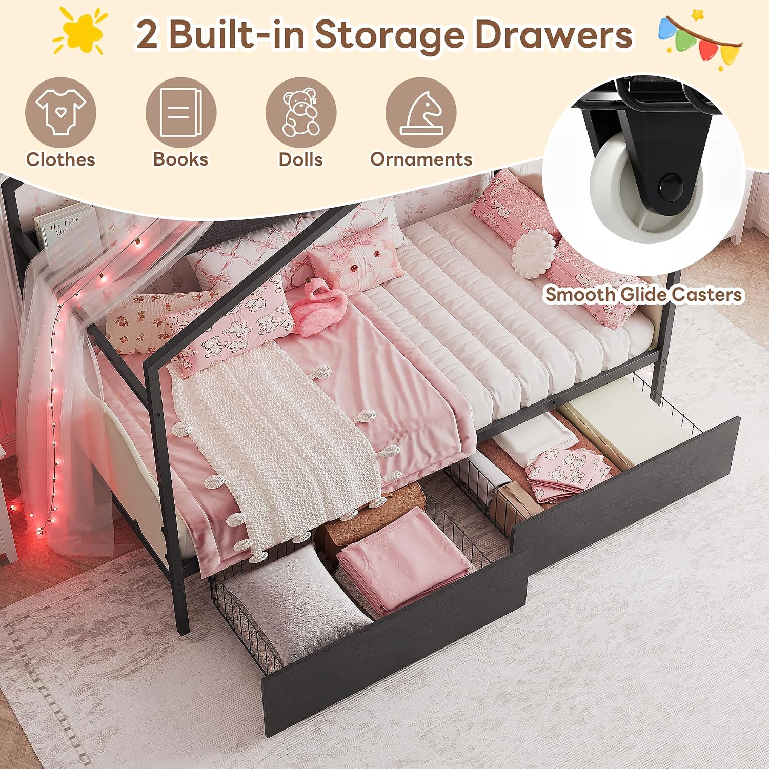 LIKIMIO Twin Corner Bed Frame with 2 Storage Drawers, DIY House Bed with Bookshelf & Curved Upholstered Headboard & Footboard, Twin Bed Frames for Bedroom, No Box Spring Needed, Black-White