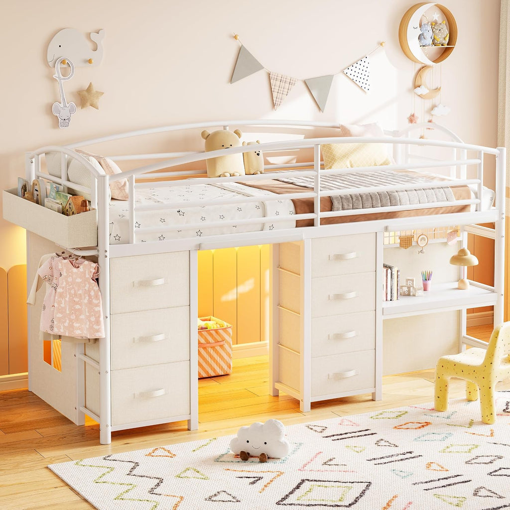 Low Loft Bed Twin Size with 7 Storage Drawers, Desk and LED Lights, Heavy Duty Metal Kids Loft Bed with 12' H Safety Guardrail, Anti-Collision Pad, Private Play Curtain, Under-Bed Play Space - White