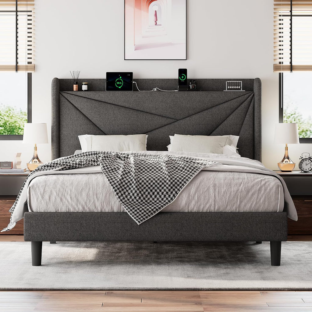 Einhomn Full Size Upholstered Bed Frame with Charging Station, Platform Bed Frame with Storage Headboard, Solid Wood Slats Support, No Box Spring Needed, Dark Gray