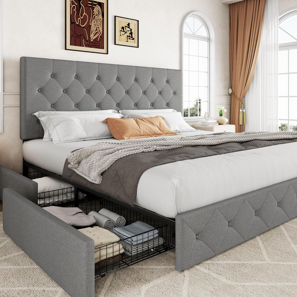 Allewie Upholstered King Size Platform Bed Frame with 4 Storage Drawers and Headboard, Diamond Stitched Button Tufted, Mattress Foundation with Wooden Slats Support, No Box Spring Needed, Light Grey