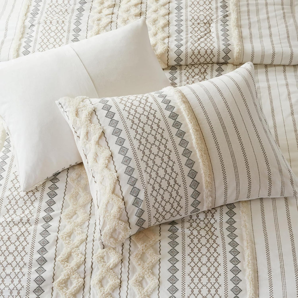 INK+IVY King Comforter Set, Boho Comforters, Breathable Cotton Bed Set, All Season Modern Chenille Tufted Comforter with Farmhouse Bedding Flare, Gifts for Women, Ivory 3 Piece