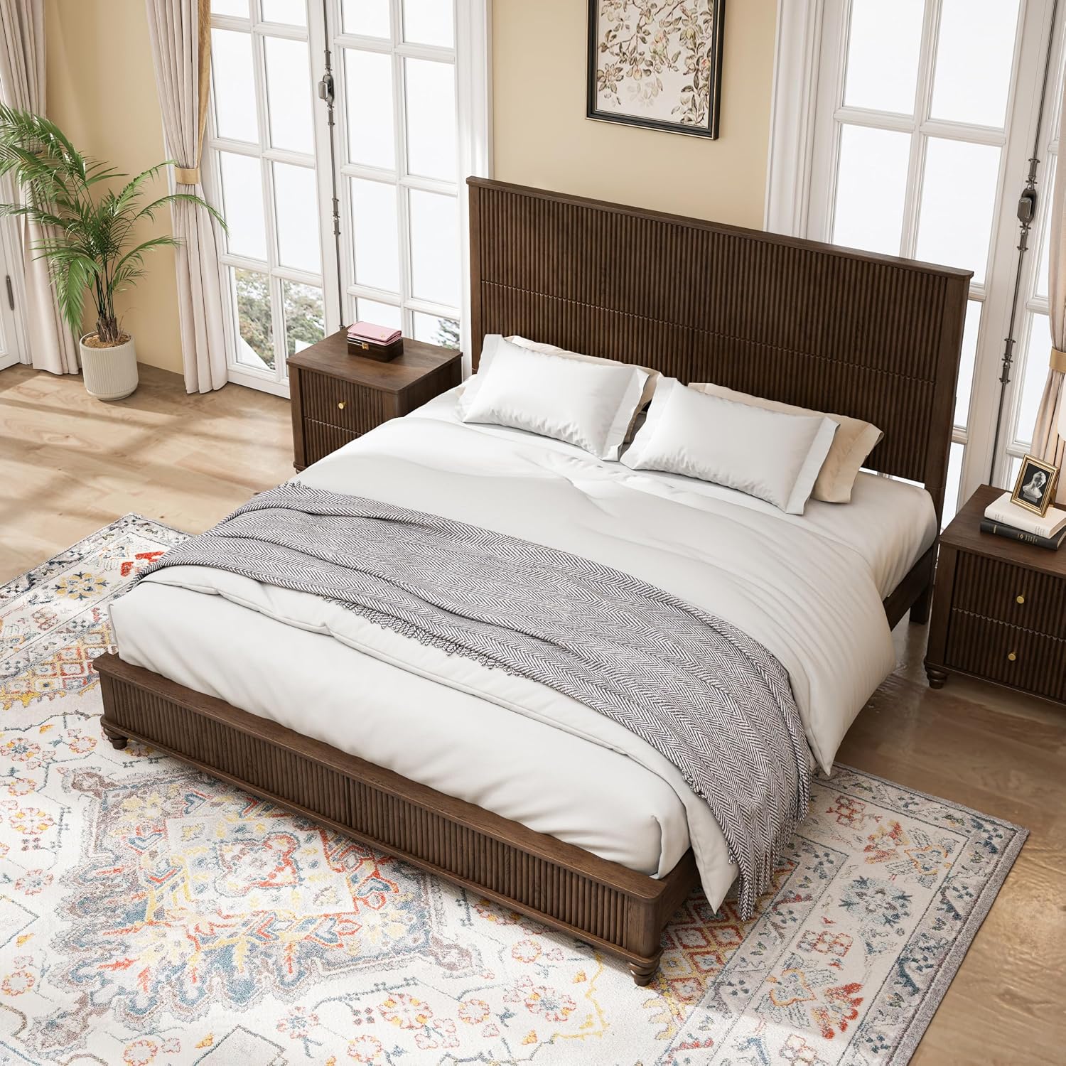 King Size Solid Wood Platform Bed Frame, Wood Platform Bed Frame with 79.13' Headboard, Solid Wood Leg/No Box Spring Needed/Noise Free/Brown