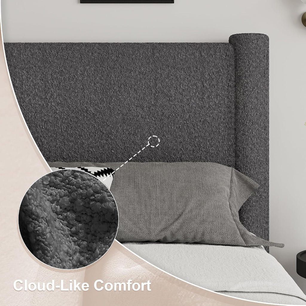 REVOMINCA Twin Size Bed Frame, Boucle Upholstered Platform Bed with Headboard and Footboard, Soft Rounded Corners, No Box Spring Required, Easy Assembly, Dark Grey