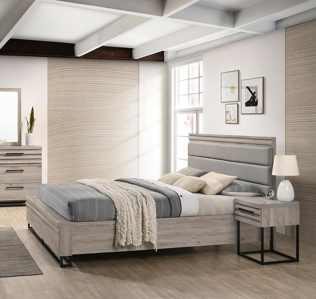 Roundhill Furniture Alvear 3-Piece Upholstered Wood Bedroom Set, Queen Size Panel Bed and Two Nightstands, Weathered Gray
