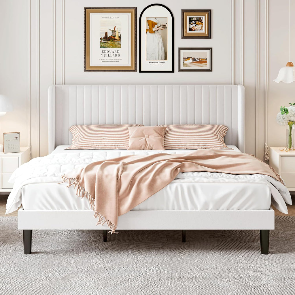 SHA CERLIN King Size Velvet Bed Frame with Vertical Channel Tufted Wingback Headboard, Upholstered Platform Bed with Wood Slats, No Box Spring Needed, Easy Assembly, White