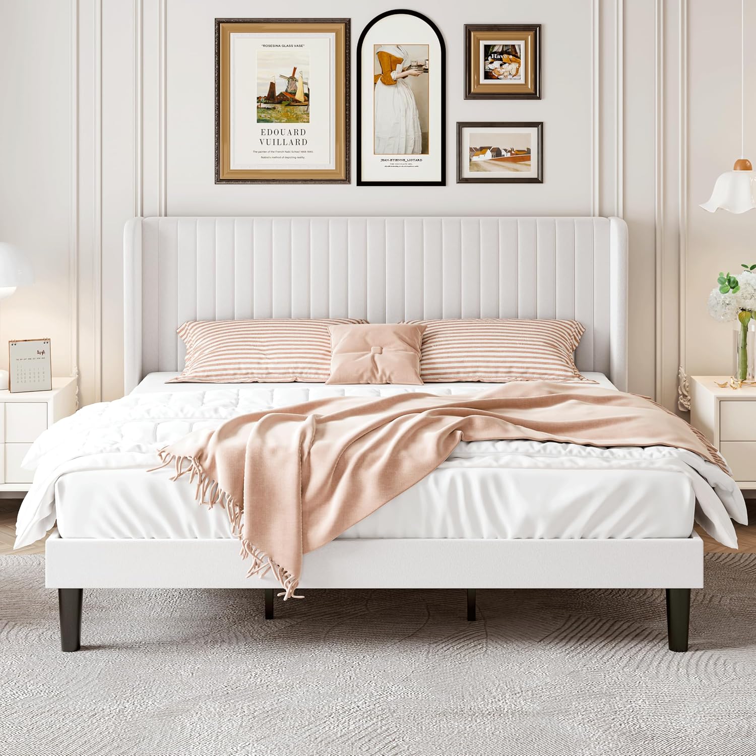 SHA CERLIN King Size Velvet Bed Frame with Vertical Channel Tufted Wingback Headboard, Upholstered Platform Bed with Wood Slats, No Box Spring Needed, Easy Assembly, White