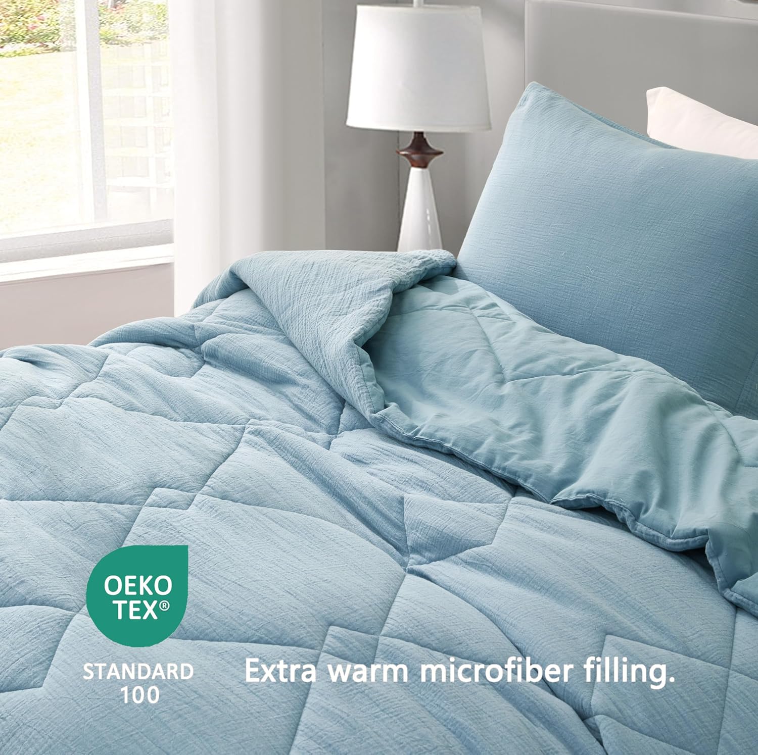 Chezmoi Collection Skye 3-Piece 100% Cotton Muslin Thin Comforter Set Oversized King, Lake Blue Reversible Soft Washed Cotton Gauze Breathable Lightweight Comforter, 130GSM Fill Summer Blanket