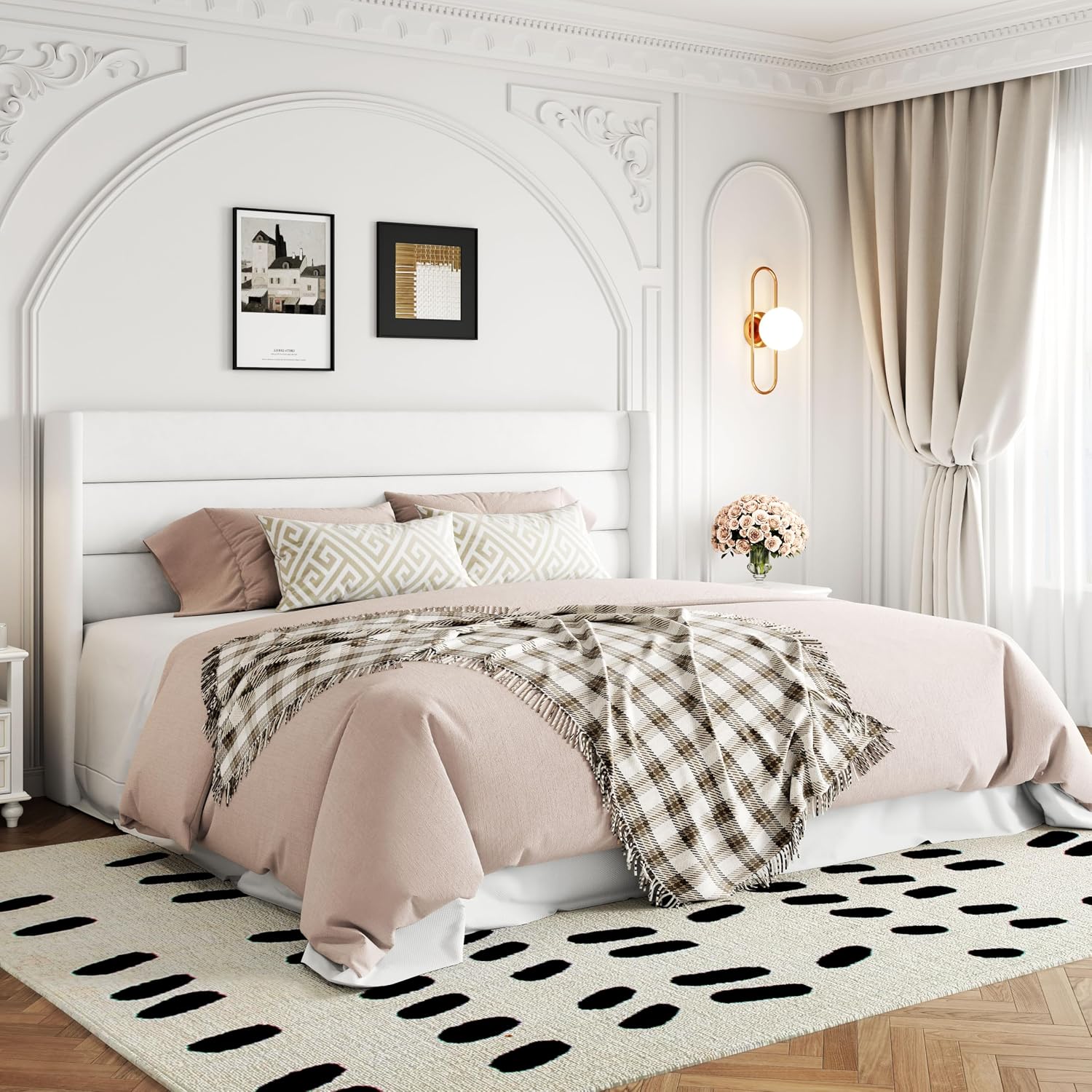Allewie King Size Velvet Lift Up Storage Bed, Modern Wingback Headboard, Hydraulic Support, No Box Spring Needed, White