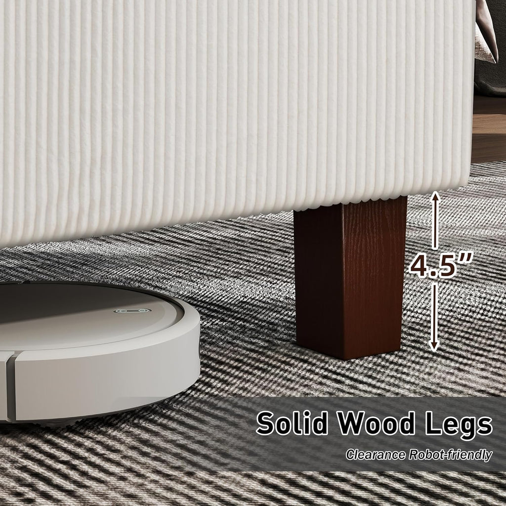 King Size 65.2' Upholstered Bed Frame with USB Charging Station,Soft Washable Corduroy Cover with Wingback Headboard, Solid Wood Legs/Noise-Free/No Box Spring Needed/Beige