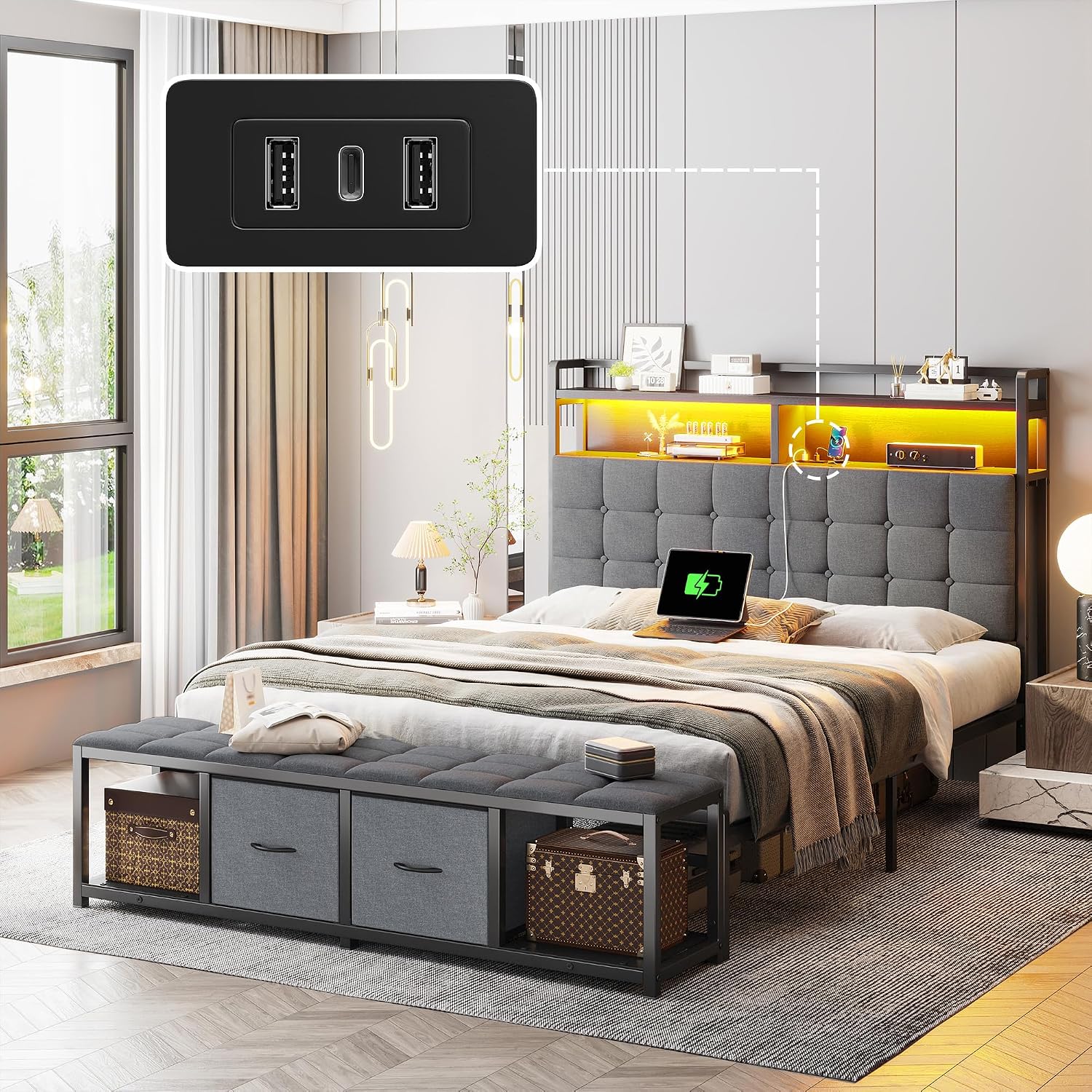 EnHomee Full Size Bed Frame with Headboard and 60' W Bed End Stool, 2 Drawers & LED & Charging Port Full Bed Frame with Storage Built in Charging Station,NO Noise,No Box Spring Needed,Gray