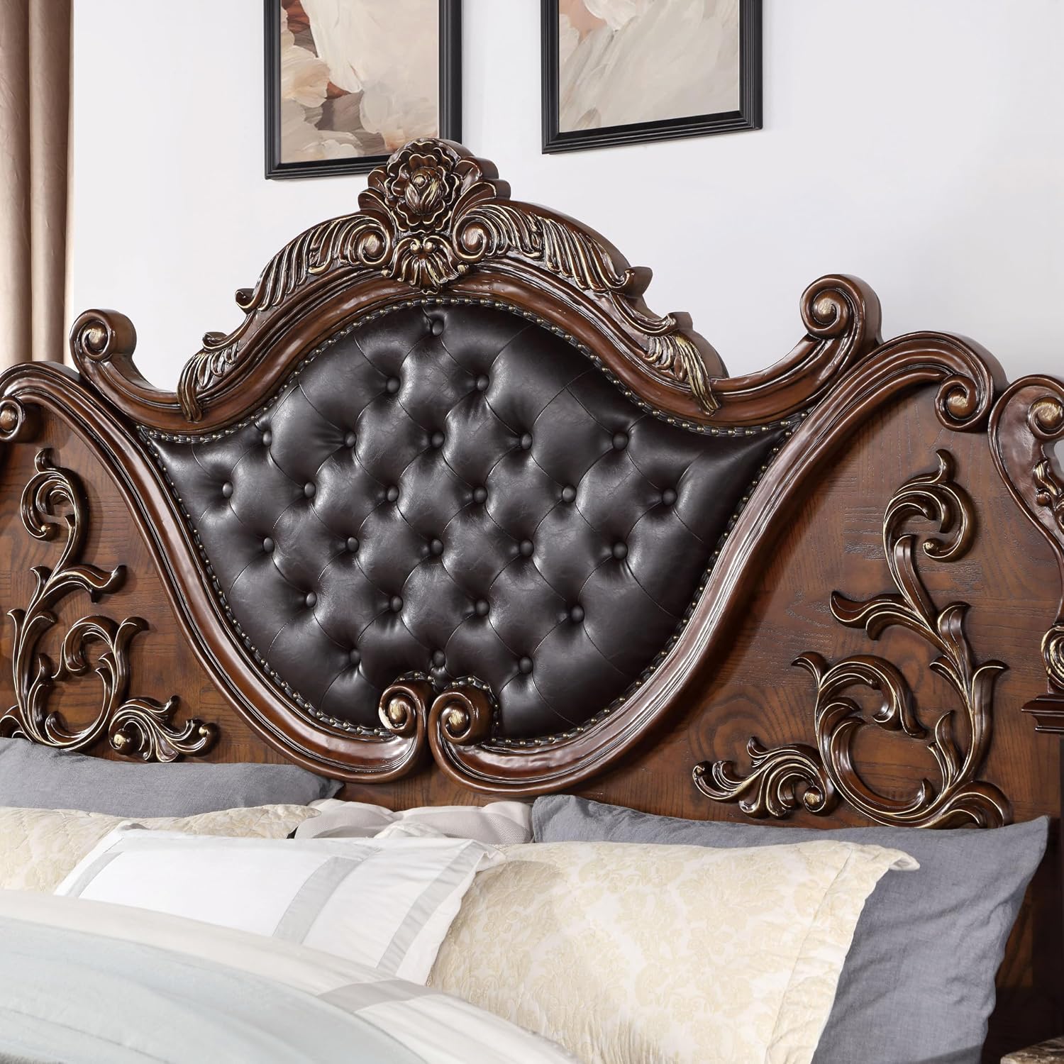 Furniture of America Clairibel Wood 3-Piece Bedroom Set, Queen-Size Bed with Button-Tufted Headboard, Marble Top Nightstand & Dovetail Drawers, Box Spring Required, Brown Cherry