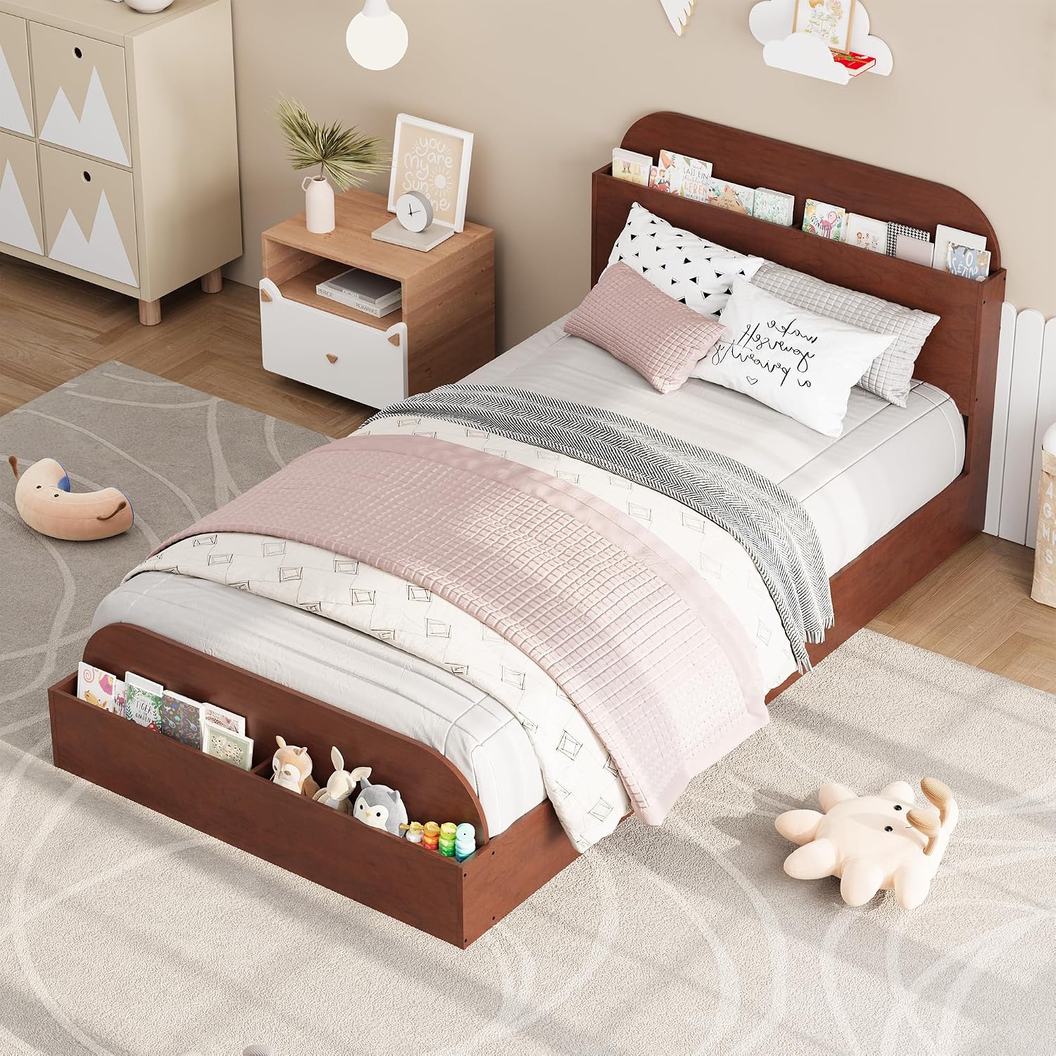 GarveeHome Twin Size Bed Frame, Wooden Beds with Storage Headboard and Raised-Foodboard for Kid, Twin-Floor Low Platform Bed for Bedroom, Sturdy Wooden Slats Support, No Box Spring Needed, Espresso