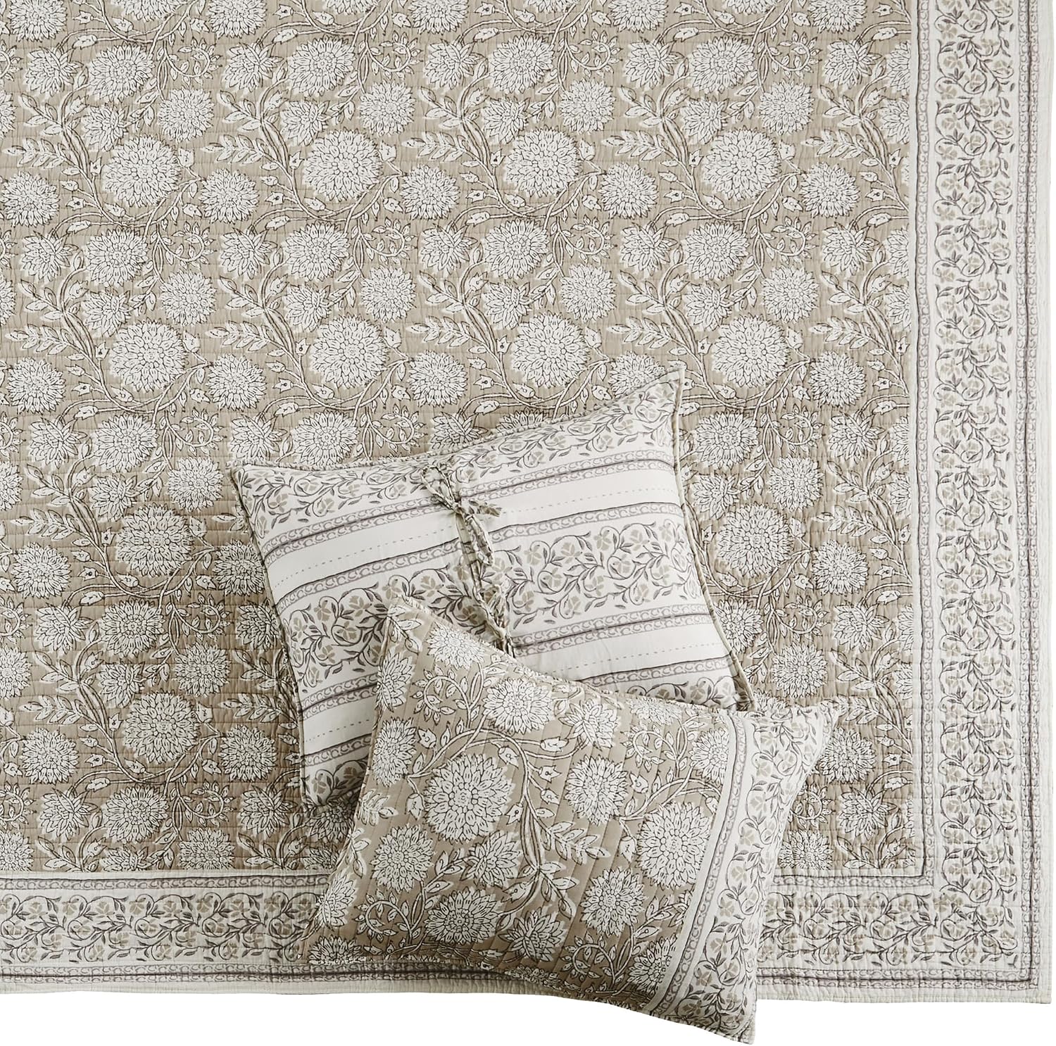 Levtex Home – Adare Taupe Bedspread Set – Twin Bedspread (80x106in.) and 1 Standard Sham (20x26in.) – Floral Botanical Design – Taupe and White – Reversible – Cotton