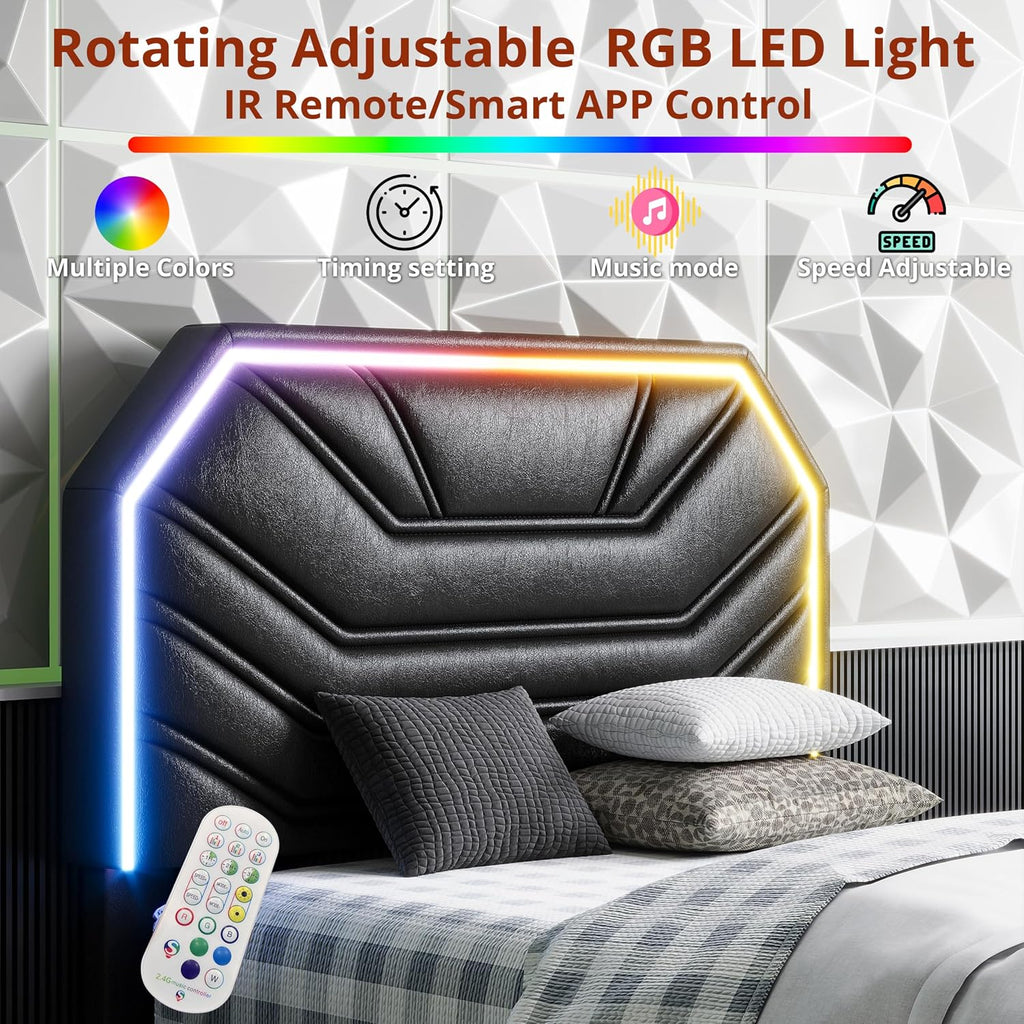 LIKIMIO Twin Bed Frames with LED Light Headboard, Upholstered Modern Cama Twin Platform Bed Frame with Heavy Duty Supports, No Box Spring Need, Noise Free, Easy Assembly, Black
