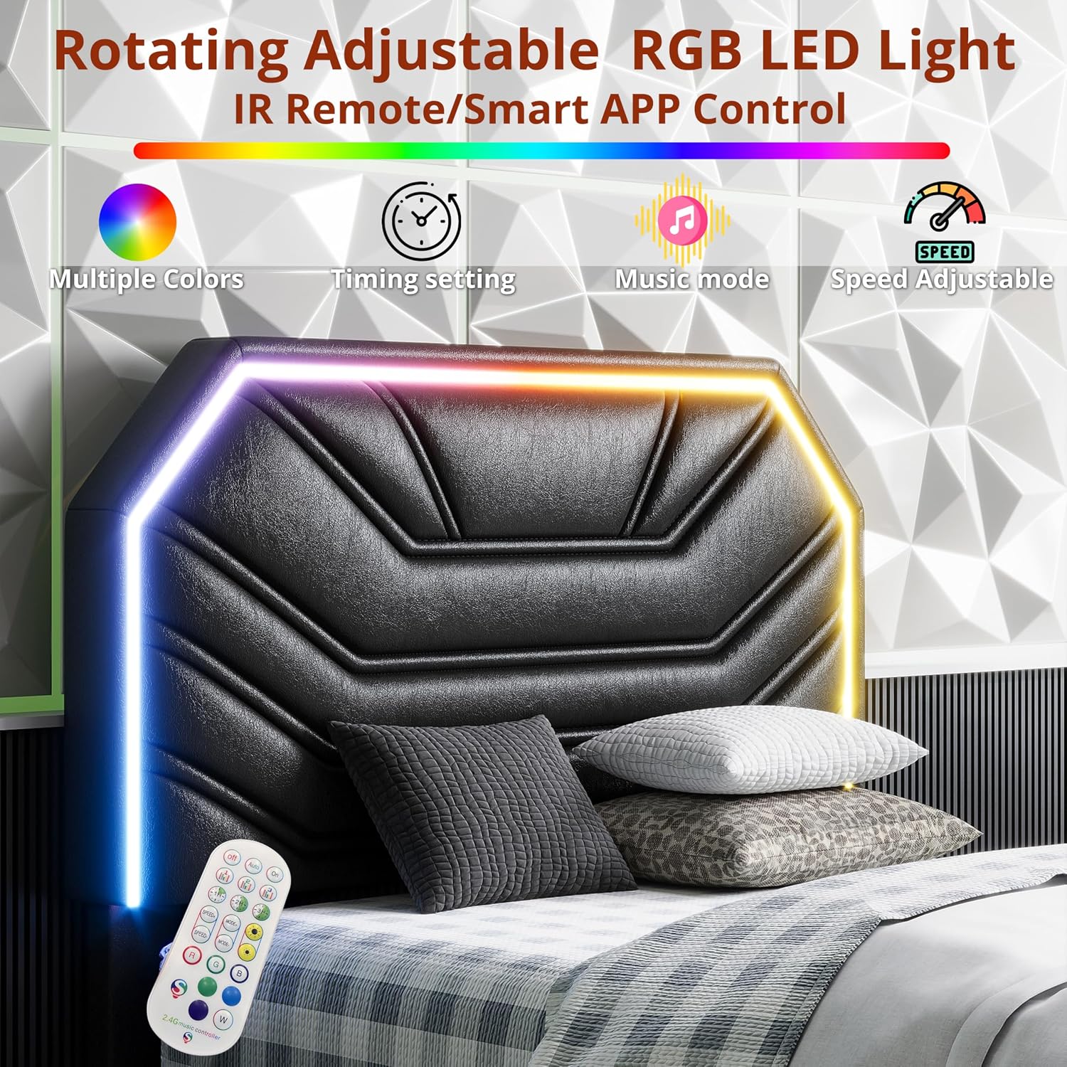 LIKIMIO Twin Bed Frames with LED Light Headboard, Upholstered Modern Cama Twin Platform Bed Frame with Heavy Duty Supports, No Box Spring Need, Noise Free, Easy Assembly, Black