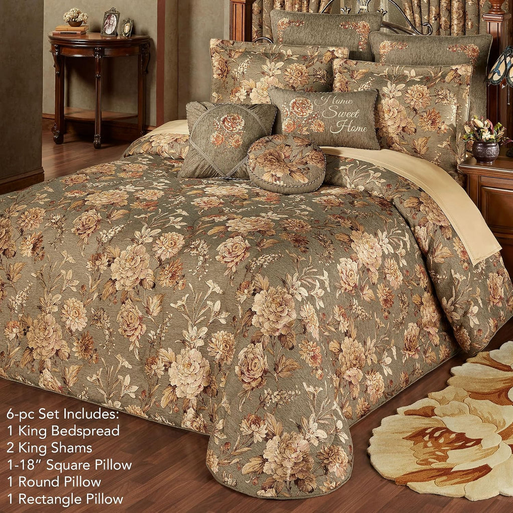 Rhapsody Floral Luxury Bedding | 6 Piece Oversized Bedspread Set: King Bedspread, 2 King Shams, Round Pillow, 18' Square Pillow, Rectangle Pillow | Sophisticated | Flower | Woven | Traditional