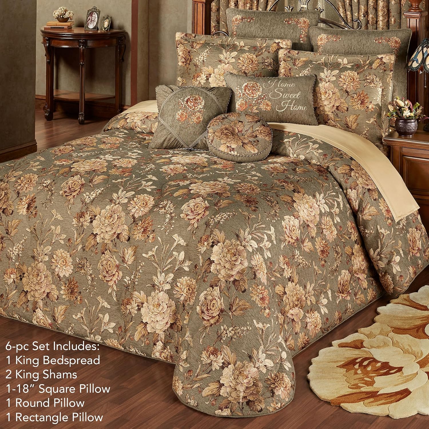 Rhapsody Floral Luxury Bedding | 6 Piece Oversized Bedspread Set: King Bedspread, 2 King Shams, Round Pillow, 18' Square Pillow, Rectangle Pillow | Sophisticated | Flower | Woven | Traditional