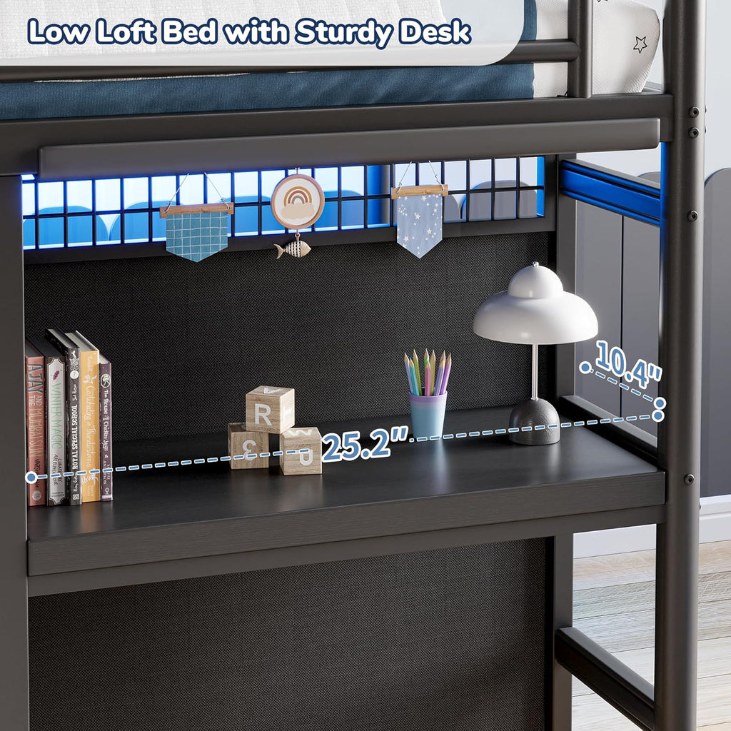 Low Loft Bed Twin Size with 7 Storage Drawers, Desk and LED Lights, Heavy Duty Metal Kids Loft Bed with 12' H Safety Guardrail, Anti-Collision Pad, Private Play Curtain, Under-Bed Play Space - Black