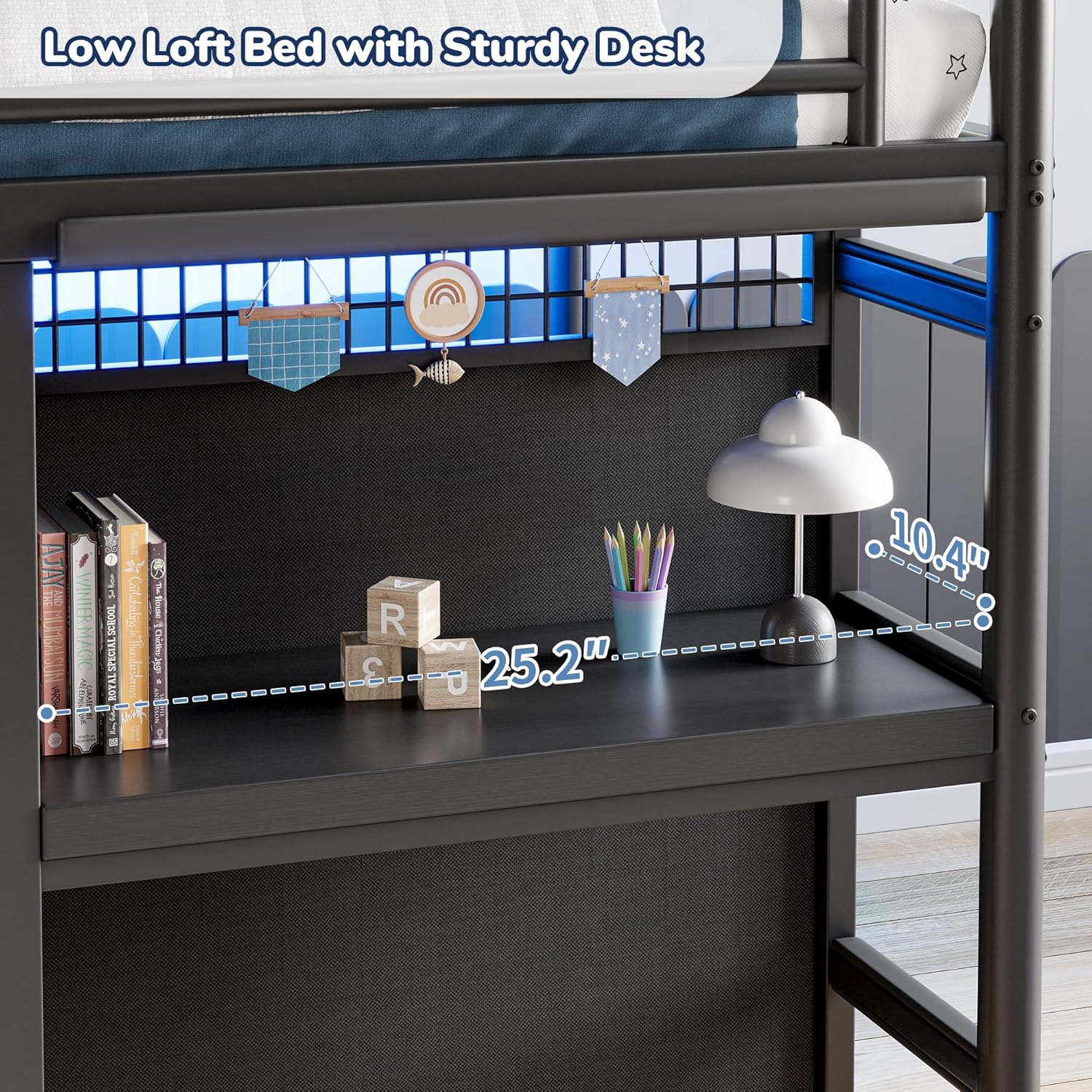 Low Loft Bed Twin Size with 7 Storage Drawers, Desk and LED Lights, Heavy Duty Metal Kids Loft Bed with 12' H Safety Guardrail, Anti-Collision Pad, Private Play Curtain, Under-Bed Play Space - Black
