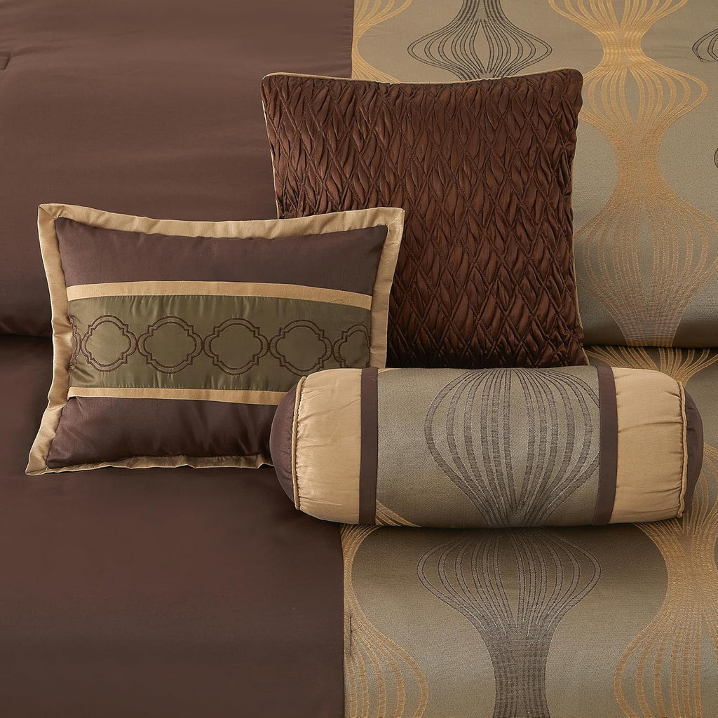 LANCO MODERN LIFESTYLE Full Comforter Set, Brown, 7 Pieces Bed in a Bag, Ultra Soft Jacquard with Solid Piecework, Luxury Bed Set with Comforters, Bed Skirt, Pillow Shams and Decorative Pillows