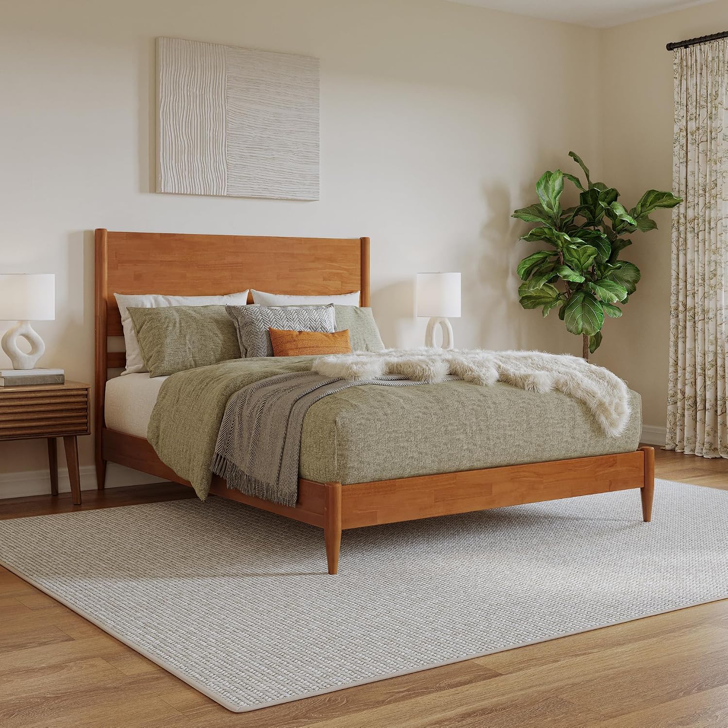 AFI, Pasadena Queen Solid Wood Low Profile Platform Bed, Light Toffee