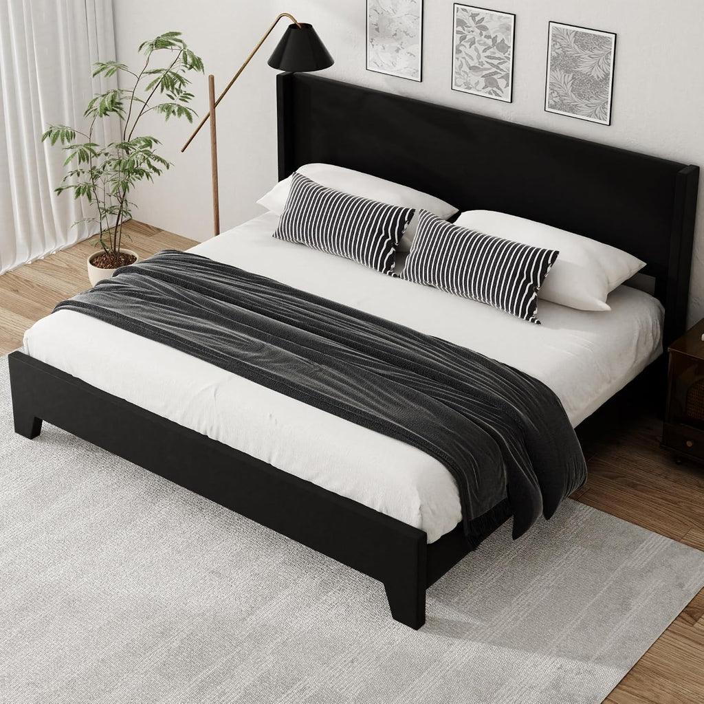 King Bed Frame with Faux Leather Upholstered Headboard, Wear-Resistant, Easy Clean, Mattress Foundation, No Box Spring Required, Easy Assembly, Black
