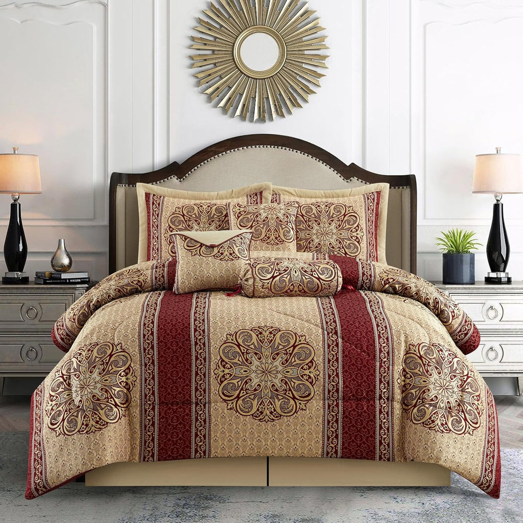 Stratford Park Gold/Wine Bedroom Comforter Sets Queen, 7 Piece, Burgundy Home Decor, Premium Lightweight Microfiber, Bedskirt, Pillows & Shams