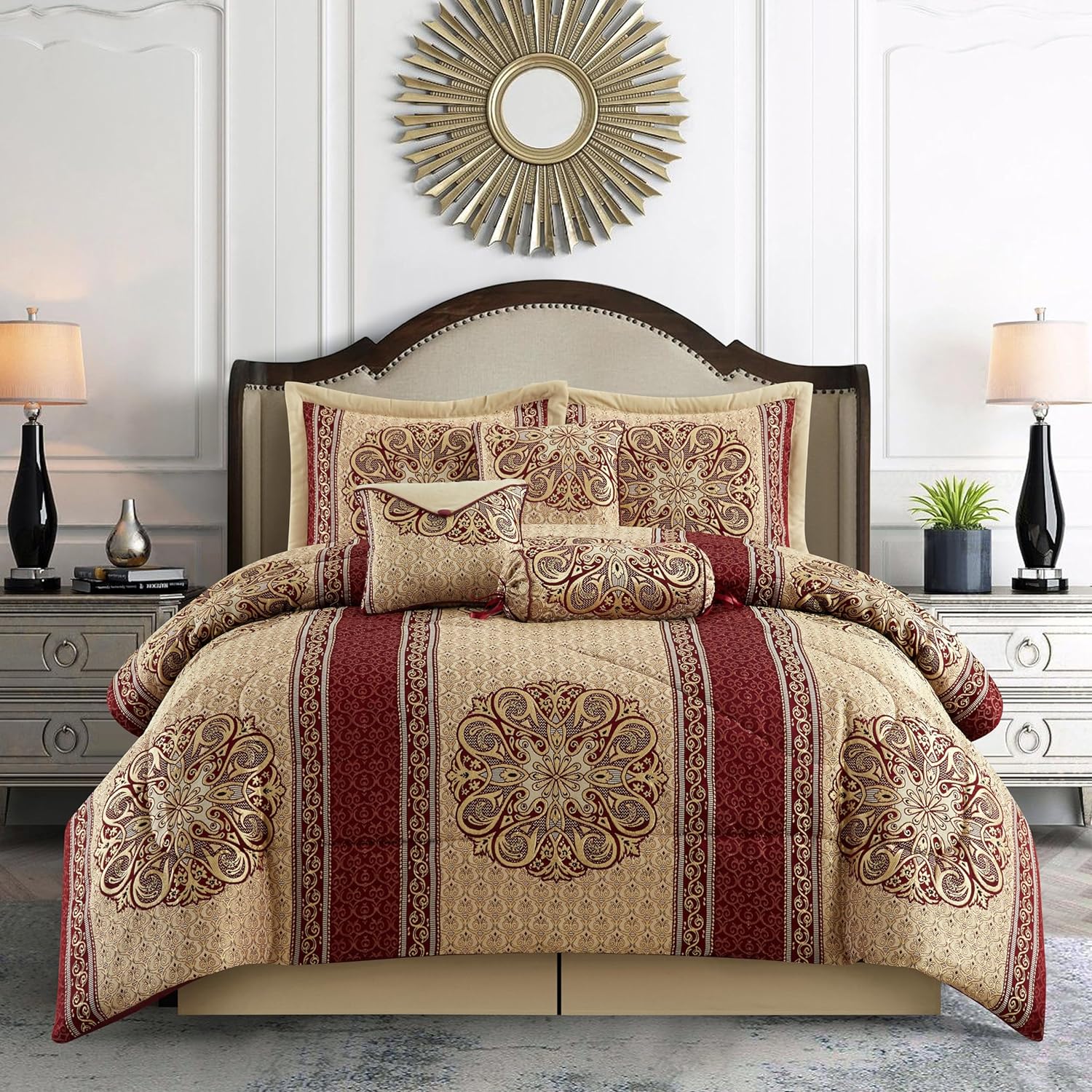 Stratford Park Gold/Wine Bedroom Comforter Sets Queen, 7 Piece, Burgundy Home Decor, Premium Lightweight Microfiber, Bedskirt, Pillows & Shams