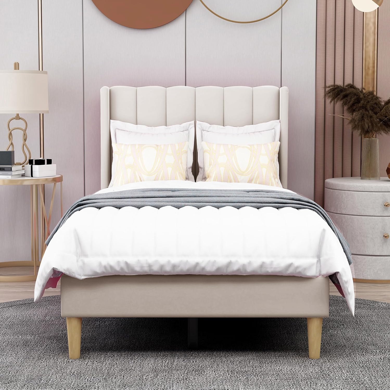 AGARTT Upholstered Platform Bed Frame Twin Size with Headboard and Footboard/Wooden Slats Support/No Box Spring Needed/Easy Assembly,Beige Velvet