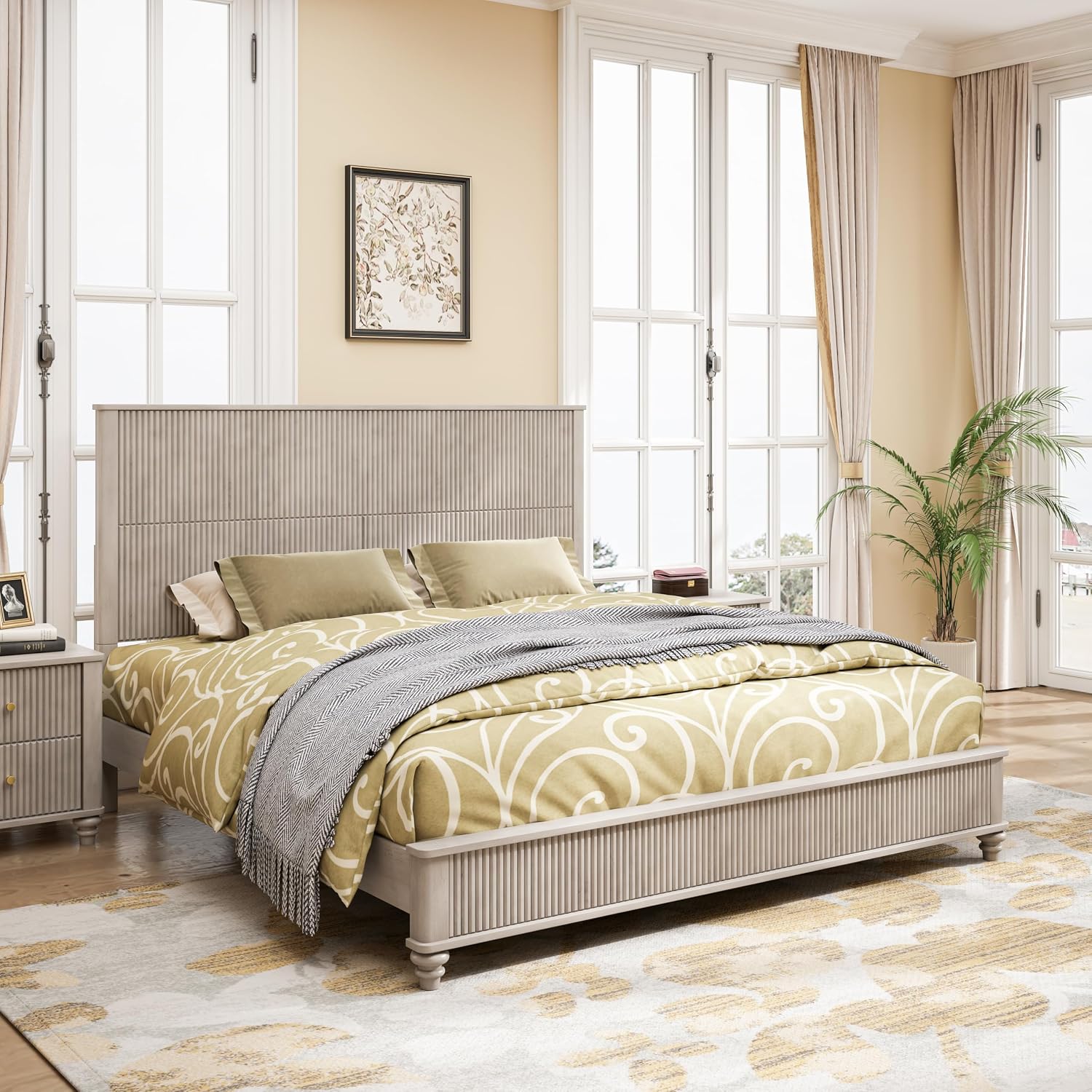 King Size Solid Wood Platform Bed Frame, Wood Platform Bed Frame with 79.13' Headboard, Solid Wood Leg/No Box Spring Needed/Noise Free/Beige