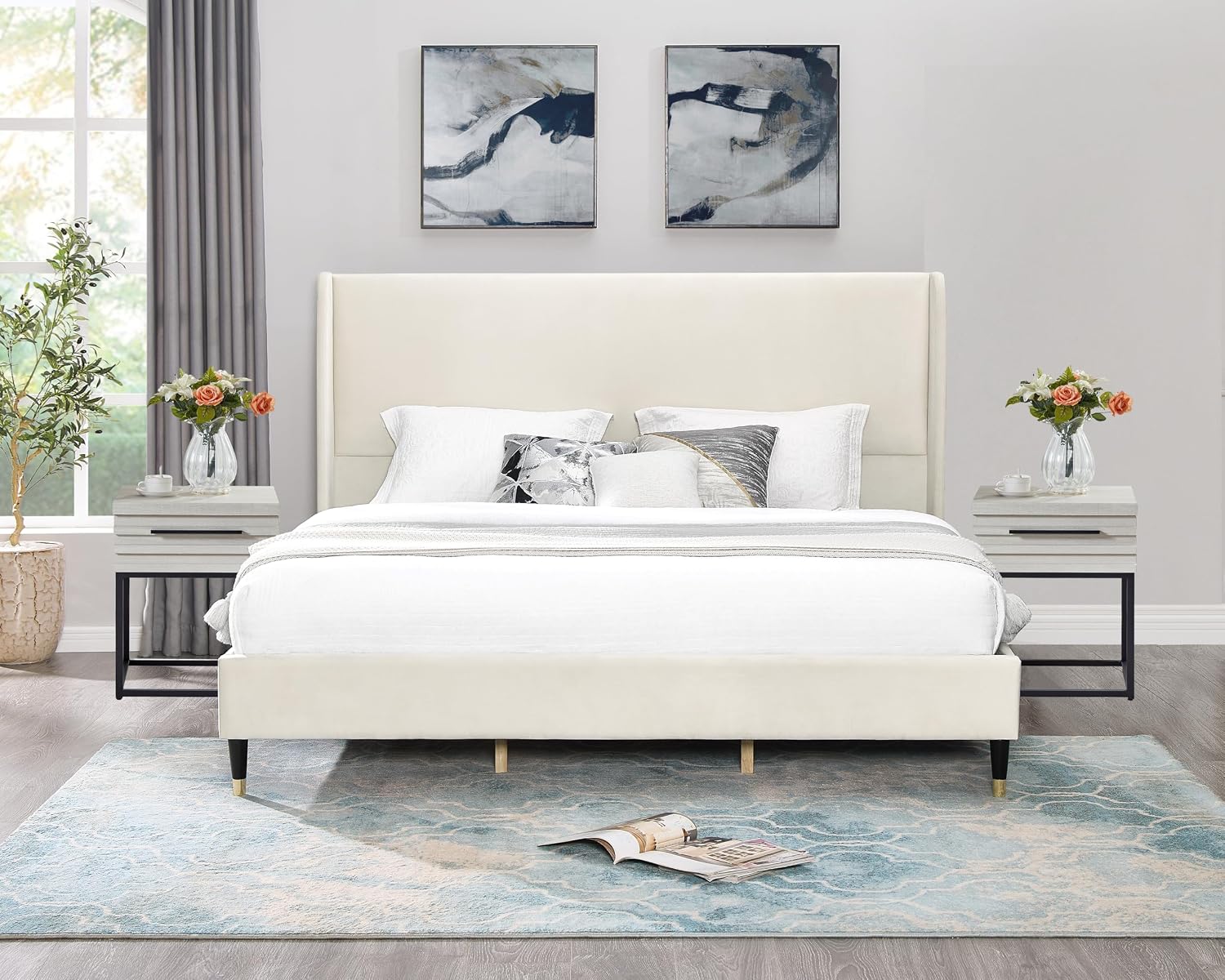 Roundhill Furniture Arles 3-Piece Upholstered Bedroom Set, Wingback Platform Bed with Two Nightstands, Beige Velvet, King