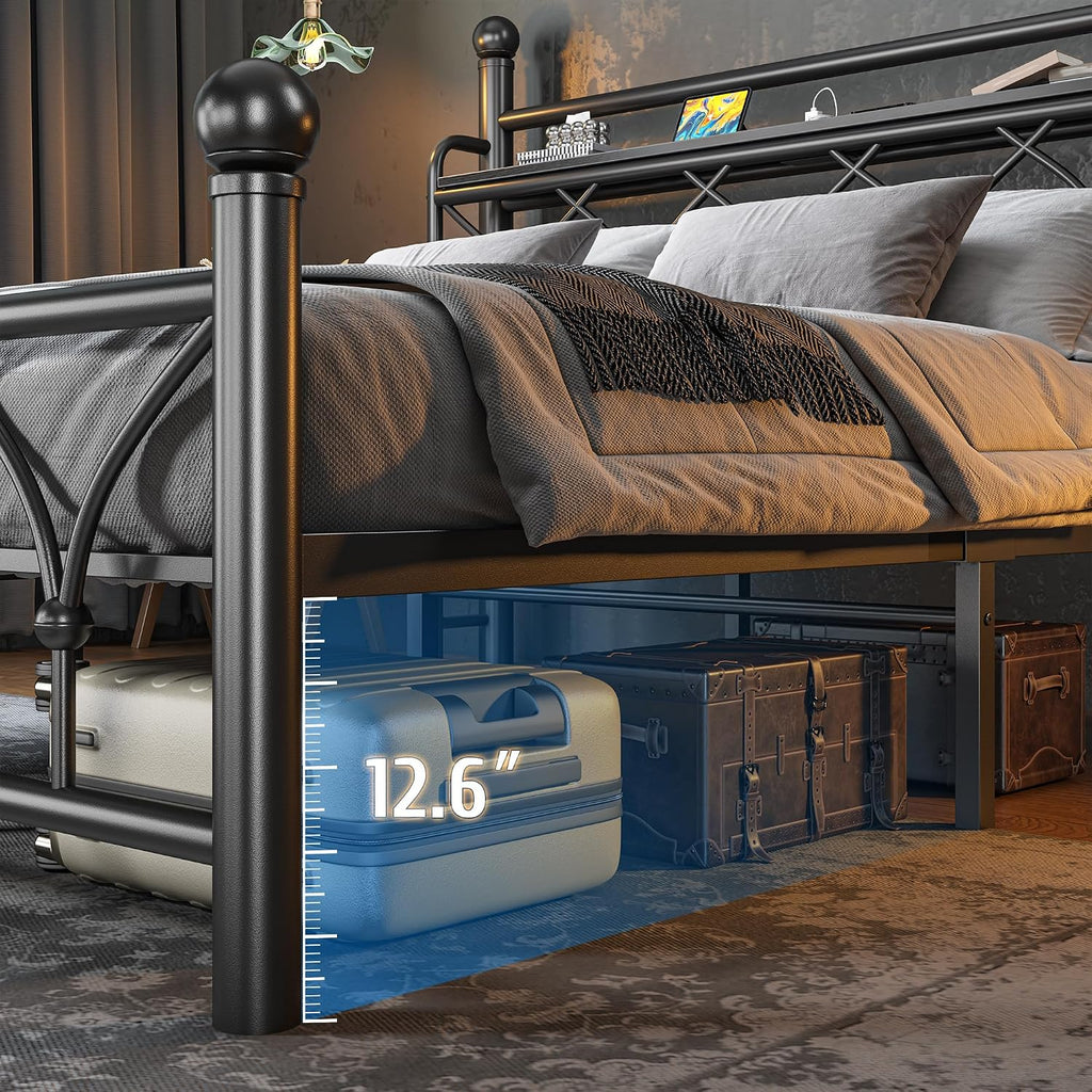 EnHomee Full Bed Frame with Vintage Headboard, Metal Victorian Style Full Size Bed Frame with Storage, LED Lights,Power Outlets, Sturdy & Easy Assembly, Noise-Free, No Box Spring Needed,Black