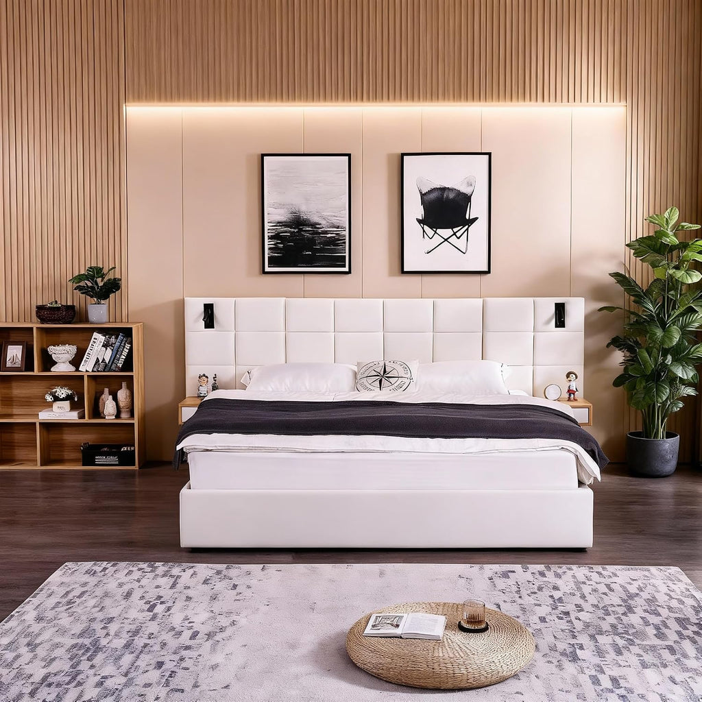 Luxury Velvet King Size Bed Frame with Hydraulic Lift and Storage, Built-in LED Lights, USB Charging Station & 2 Shelves, No Box Spring Needed Platform Bed (Beige)