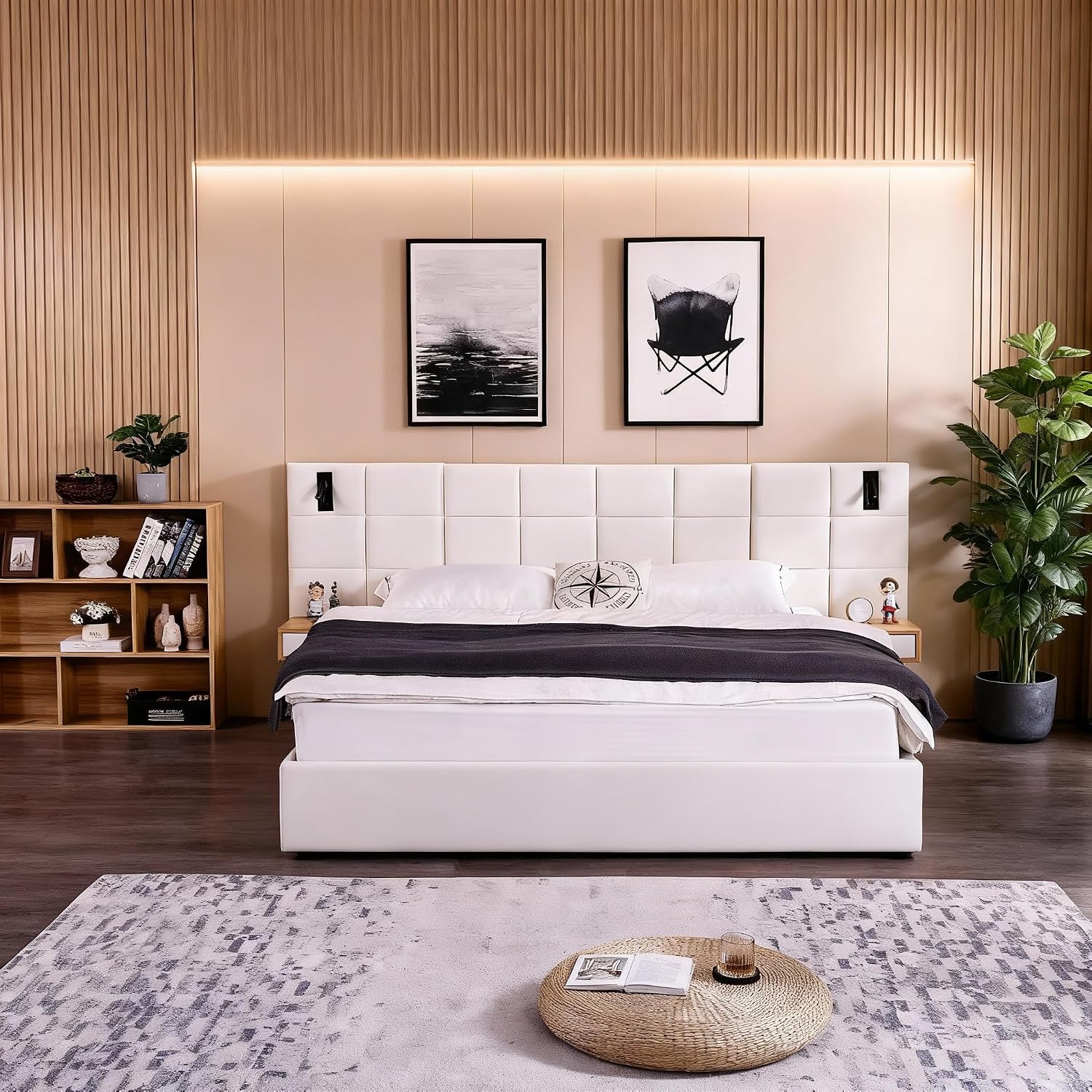 Luxury Velvet King Size Bed Frame with Hydraulic Lift and Storage, Built-in LED Lights, USB Charging Station & 2 Shelves, No Box Spring Needed Platform Bed (Beige)