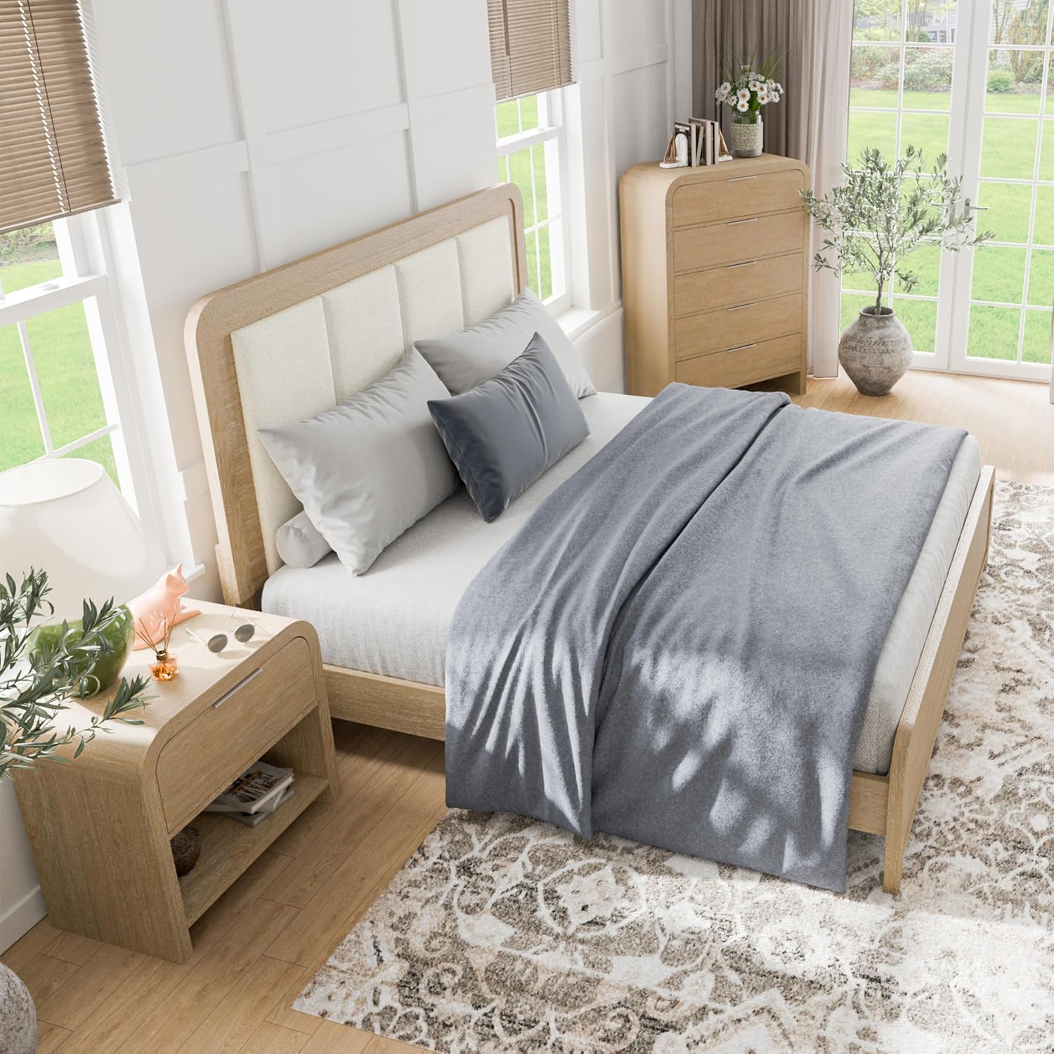 Furniture of America Verena Boho Solid Wood 3-Piece Bedroom Set with Padded Headboard Bed, Metal Side Glide, Finger Pulls on Nightstand and Chest, Box Spring Needed, Queen, Natural