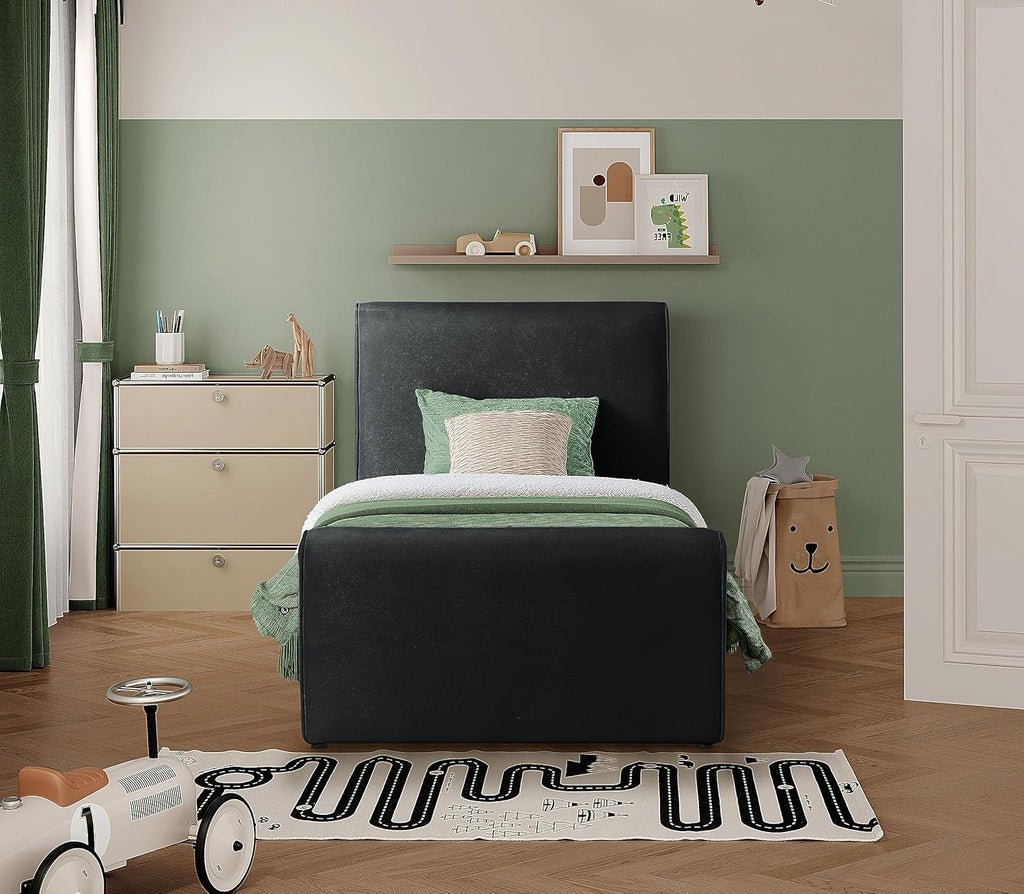 Meridian Furniture SloanBlack-T Sloan Collection Modern | Contemporary Velvet Upholstered Twin Bed with Rich Soft Black Velvet, Curved Headboard and Footboard, 44.5' W x 92' D x 45' H, Black, Twin