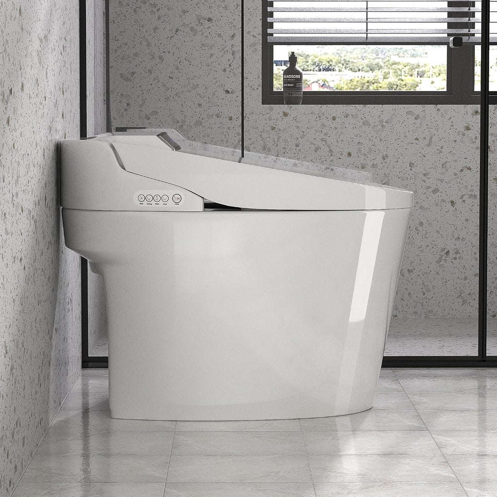 Smart Toilet, Heated Toilet Seat with Nightlight, One Piece Toilet for Bathroom, Tankless Toilets for Bathroom with Foot Sensor, LED Display, Warm Water and Dry, Remote Control