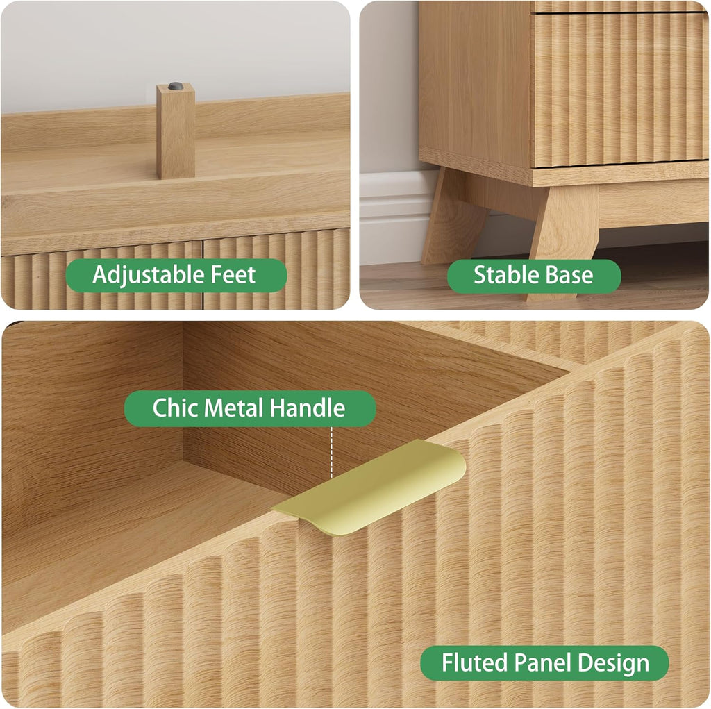 Fluted Dresser for Bedroom with 8 Drawers, 48' Wide Modern Chest of Drawers with Metal Handle, Wooden Dresser TV Stand, Wood Closet Clothes Storage Organizer for Living Room, Hallway, Natural Oak