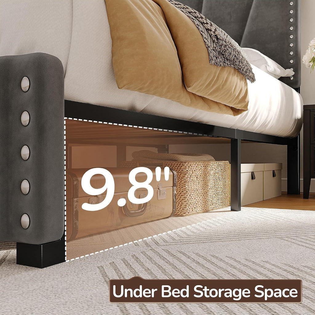 EnHomee Twin Platform Bed Frame with Velvet Upholstered Adjustable Headboard, LED Lights, and Charging Station for Bedroom, Apartment, and Dorm, No Box Spring Needed, Noise-Free, Easy Assembly, Gray