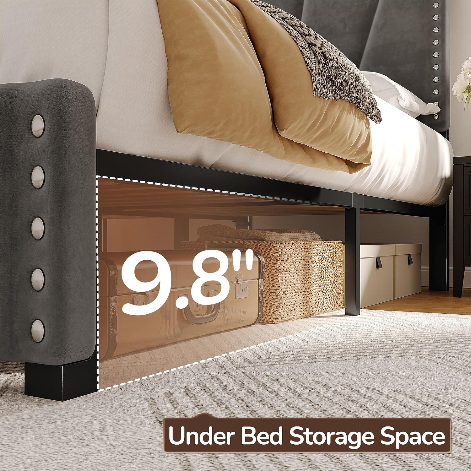EnHomee Twin Platform Bed Frame with Velvet Upholstered Adjustable Headboard, LED Lights, and Charging Station for Bedroom, Apartment, and Dorm, No Box Spring Needed, Noise-Free, Easy Assembly, Gray