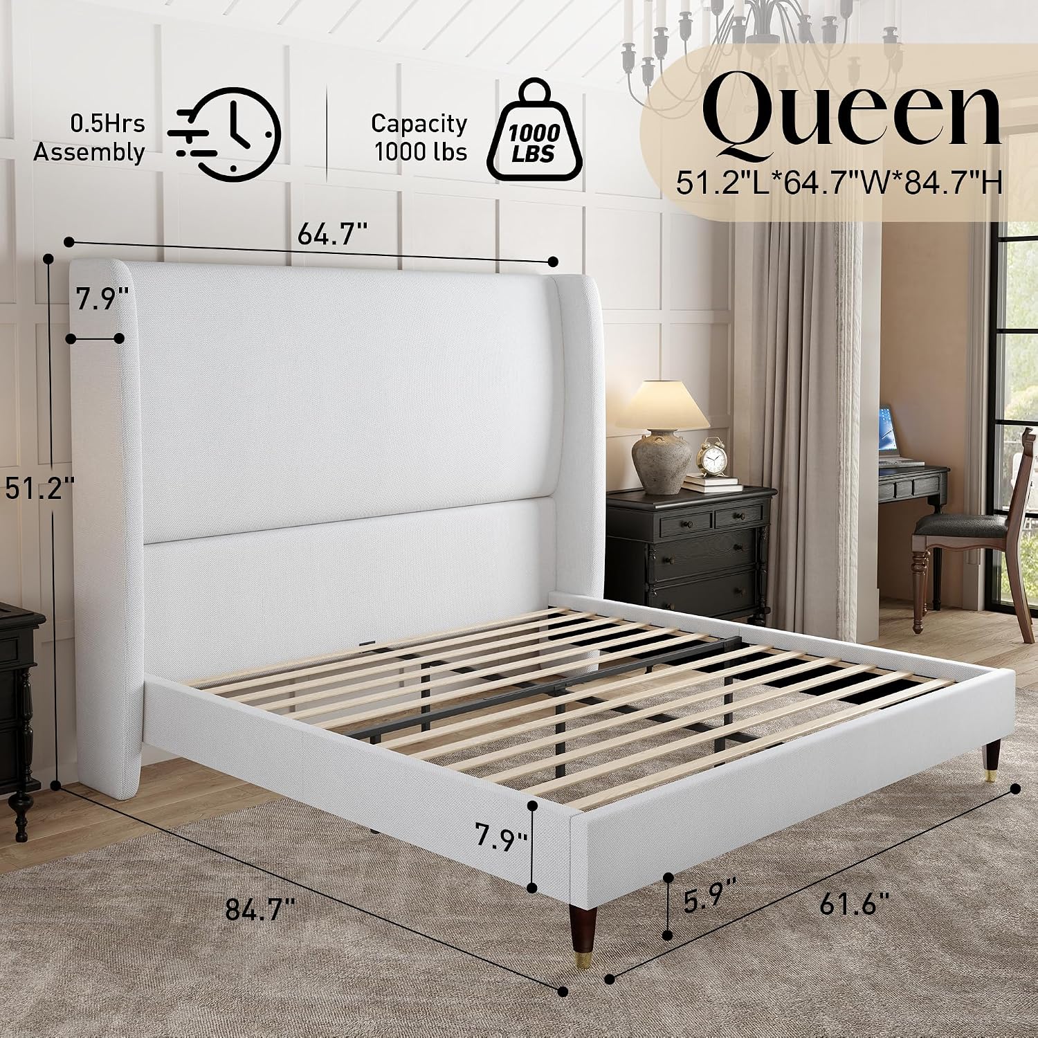 PaPaJet Queen Bed Frame with 51.2' Tall Wingback Headboard,Line Upholstered Platform Bed,Solid Wood Legs,No Box Spring Needed,Noise-Free&Easy Assembly,for Couples, Guest Room, Apartment,White