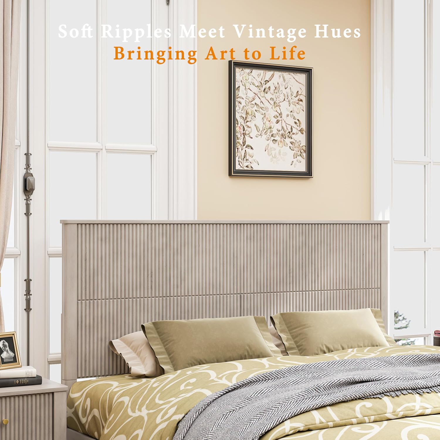 King Size Solid Wood Platform Bed Frame, Wood Platform Bed Frame with 79.13' Headboard, Solid Wood Leg/No Box Spring Needed/Noise Free/Beige