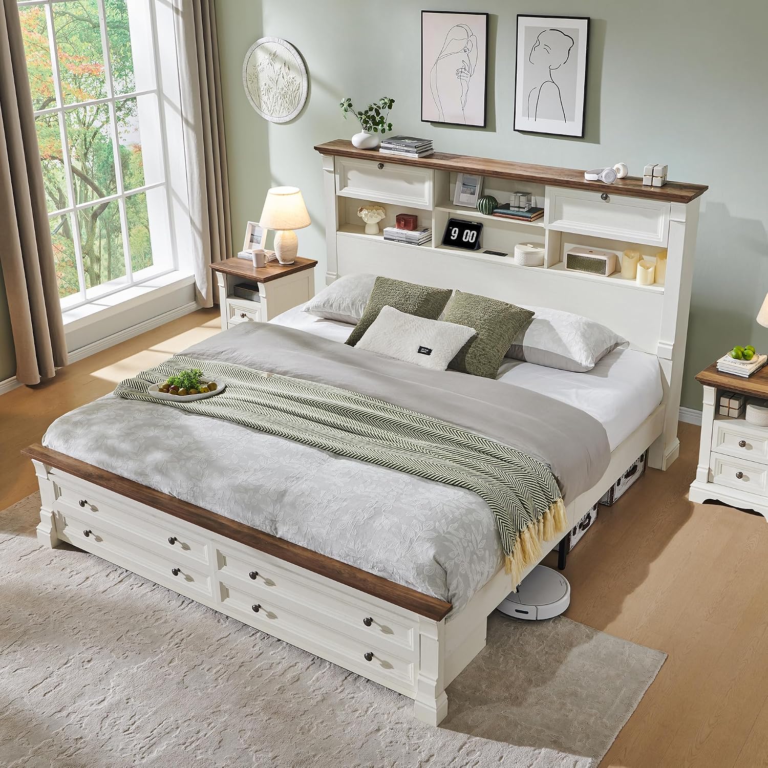 T4TREAM Farmhouse Queen Size Bed Frame with 54' Tall Headboard, Wood Platform Bed Frame with 18' Tall Roman Column Decoration Footboard & 2 Large Storage Drawers, No Box Spring Needed(Antique White)