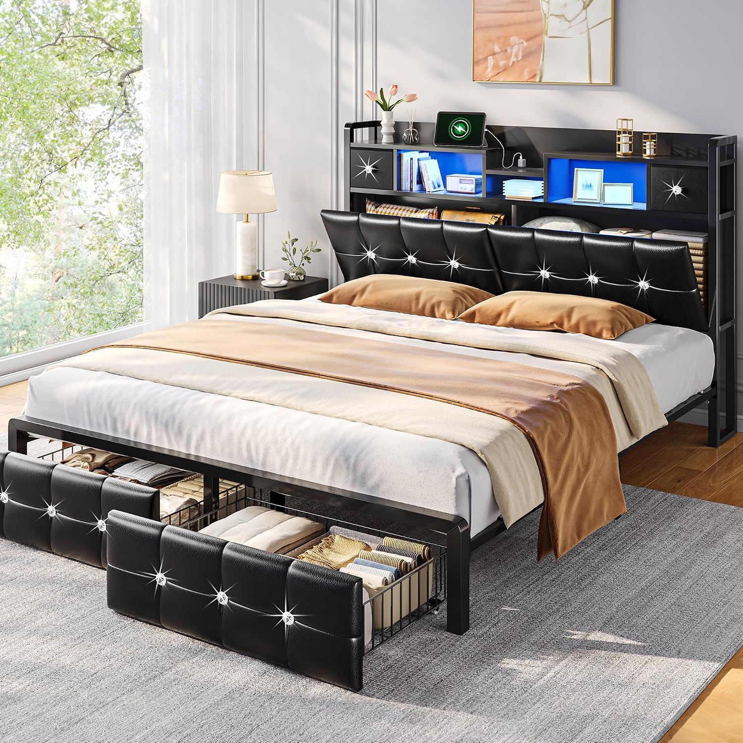 Homkdom Full Size Bed Frame with Hidden Storage Headboard & 4 Drawers,Diamond-Tufted Upholstered Leather Bed Frame Full with LED Lights & Charging Station,No Box Spring Needed,Modern Black