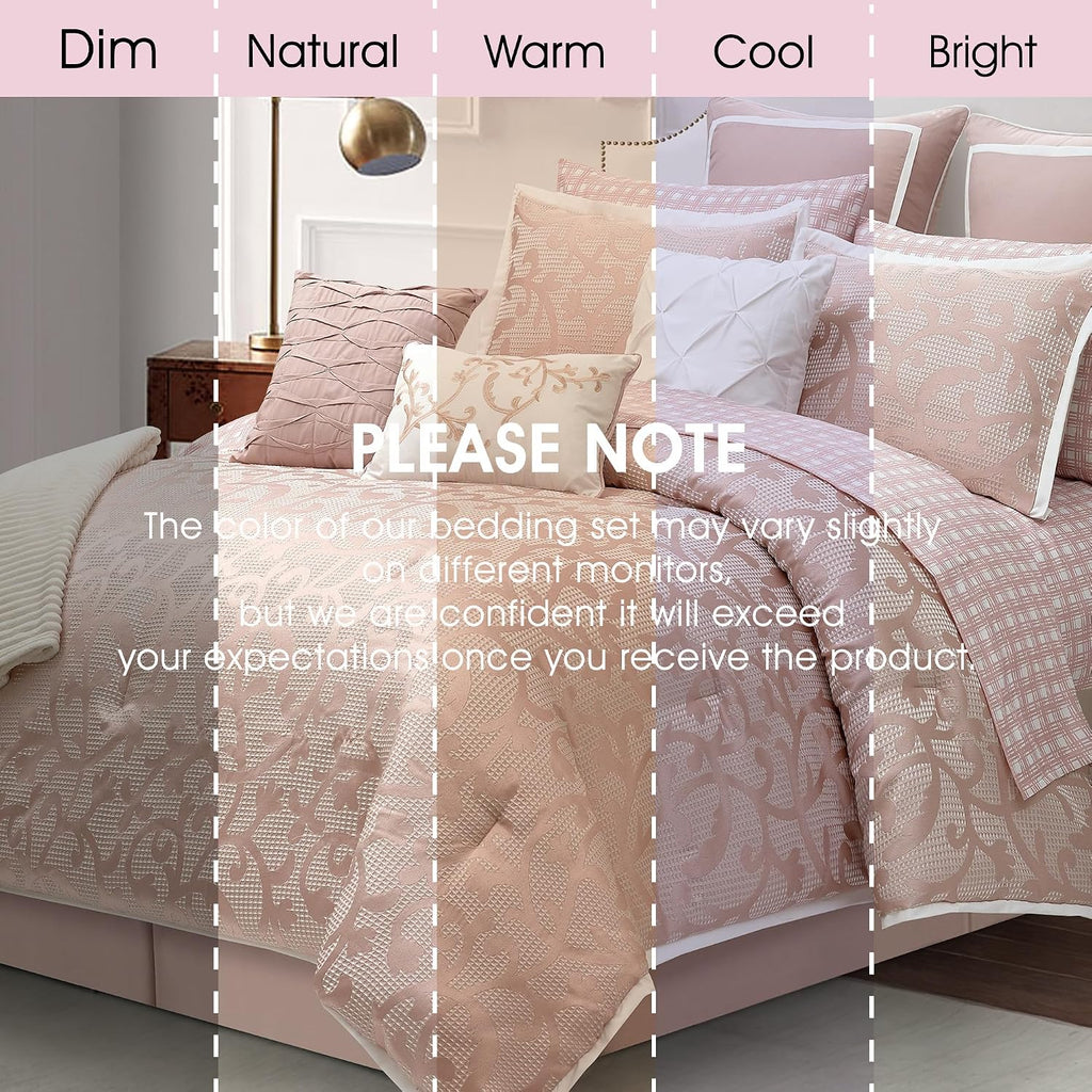 LANCO MODERN LIFESTYLE Blush King Size Comforter Set, Classic Jacquard Floral 14 Pieces Bedding Set, Ultra Soft for All Seasons, Sheets, Bedskirt, Throw, Matching Shams and Decor Pillows