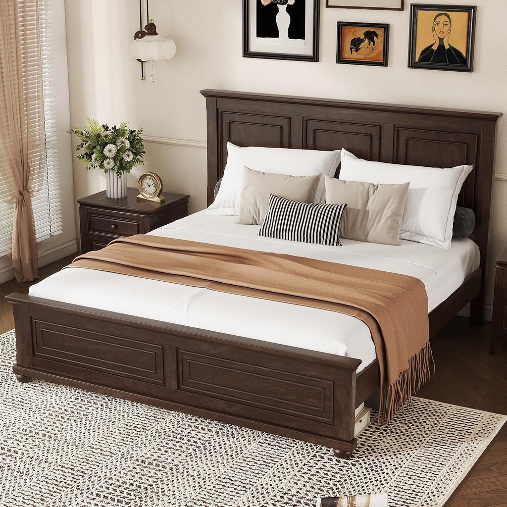 Mirightone King Size Platform Bed with Tall Headboard & Footboard, Pinewood King Bed Frame with Wood Panel Bed Base, No Squeak, No Box Spring Needed, Traditional Style, Brown