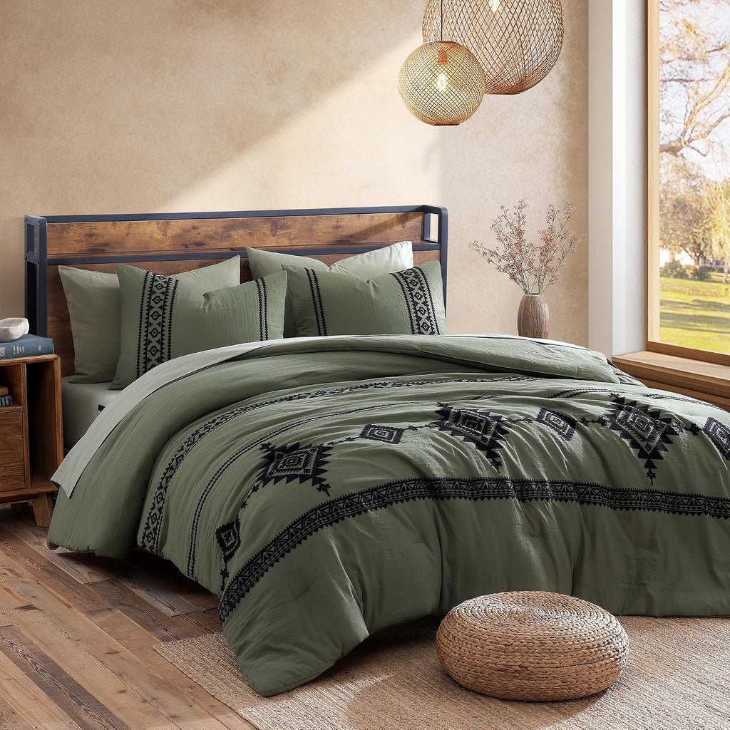 MaiRêve Super King Comforter Set Dark Olive Green, Embroidery Western Boho Bedding Set 7 Pieces, All Season Farmhouse Bed in A Bag Comforter Set with Sheets, Pillowcases & Shams